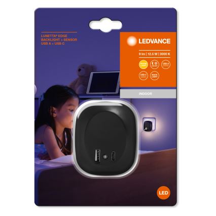 Ledvance - LED Noční svítidlo do zásuvky se senzorem a USB LUNETTA LED/12,5W/230V 3000K černá