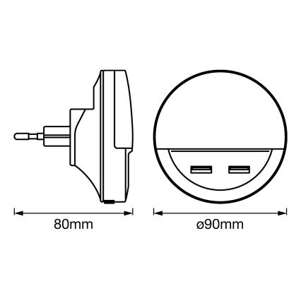 Ledvance - LED Noční svítidlo do zásuvky se senzorem LUNETTA 2xUSB LED/13W/230V