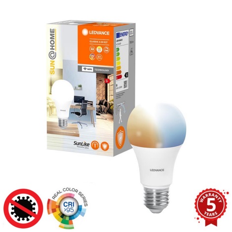 Ledvance - LED Stmívatelná antibakteriální žárovka SMART+ SUN@HOME A60 E27/9W/230V Wi-Fi CRI 95 2200-5000K