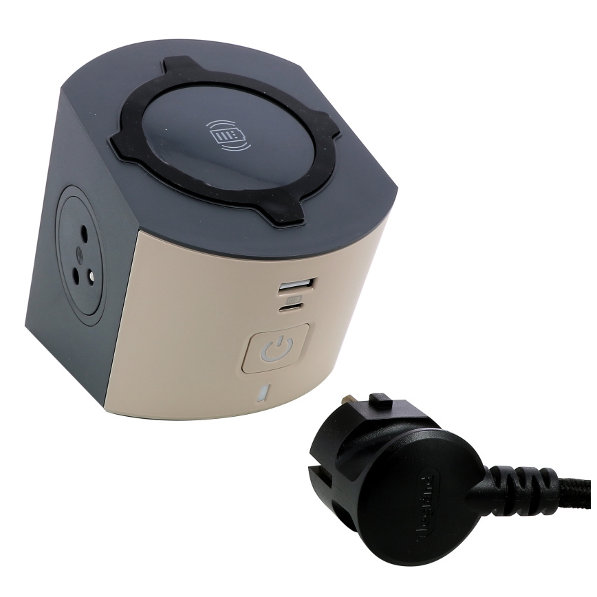 Legrand 049402 - Rozbočovací zásuvka s vypínačem 2Z Typ E + USB-A + USB-C a bezdrátovým nabíjením 10W 2m hnědá