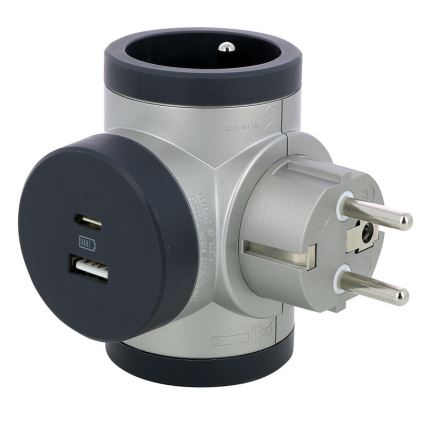 Legrand 049439 - Rozbočovací zásuvka otočná 2Z Typ E, F + USB-A + USB-C stříbrná/černá