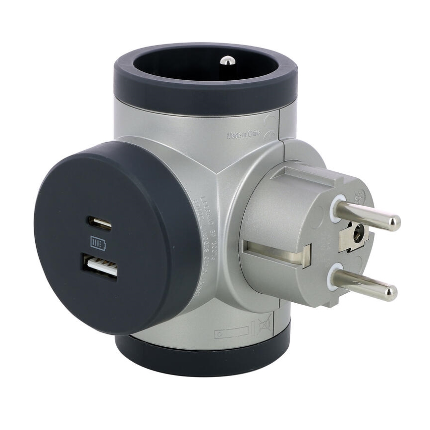 Legrand 049439 - Rozbočovací zásuvka otočná 2Z Typ E, F + USB-A + USB-C stříbrná/černá