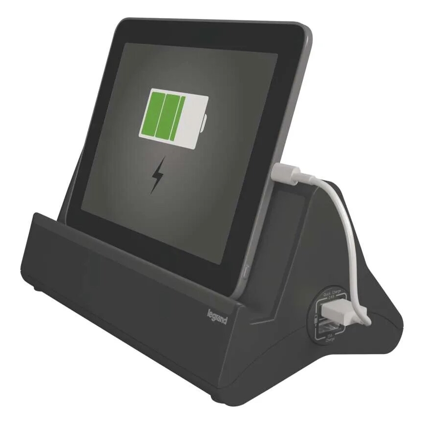 Legrand 050411 - Prodlužovací kabel s vypínačem a stojanem na tablet 3Z Typ E + 2 x USB-A 1,5m černá