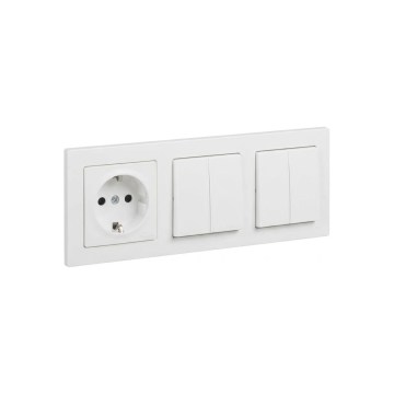 Legrand - 2x Dvojitý sériový vypínač č. 5 a zásuvka domovní SCHUKO s rámečkem SUNO 250V bílá