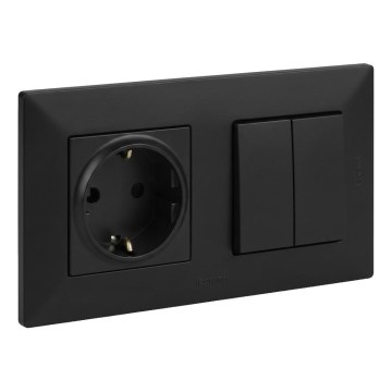 Legrand - Dvojitý schodišťový vypínač 6+6 a zásuvka domovní SCHUKO 250V/16A s rámečkem NILOE STEP