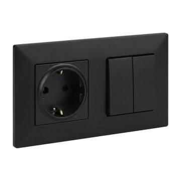 Legrand - Dvojitý schodišťový vypínač č. 6+6 a zásuvka domovní SCHUKO 250V/16A s rámečkem NILOE STEP černá