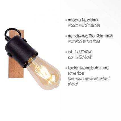 Leuchten Direkt 15631-18 - Nástěnné bodové svítidlo CANOP 1xE27/60W/230V akácie
