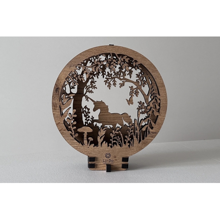 Li-Go 23568/DUB2 - LED Stmívatelná stolní dekorace LED/12W/230V 20x22 cm dub/Jednorožec