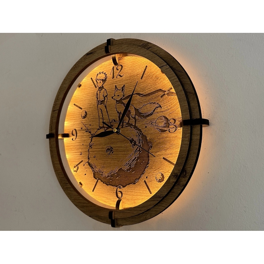 Li-Go 23712/DUB/BAT2 - LED Stmívatelné hodiny se senzorem pohybu LED/10W/5V 20000 mAh + 1xAA pr. 32 cm dub/Malý princ