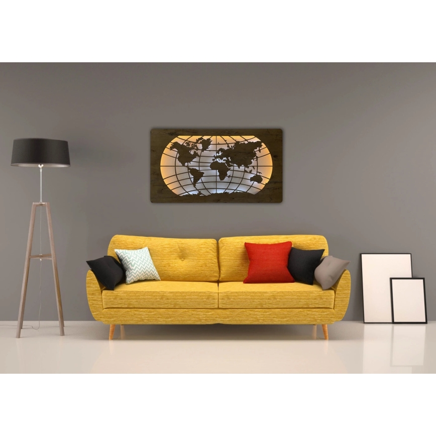 Li-Go 4868/DUB2 - LED Stmívatelná nástěnná dekorace LED/24W/230V 110x60 cm dub/Mapa světa rovnoběžky