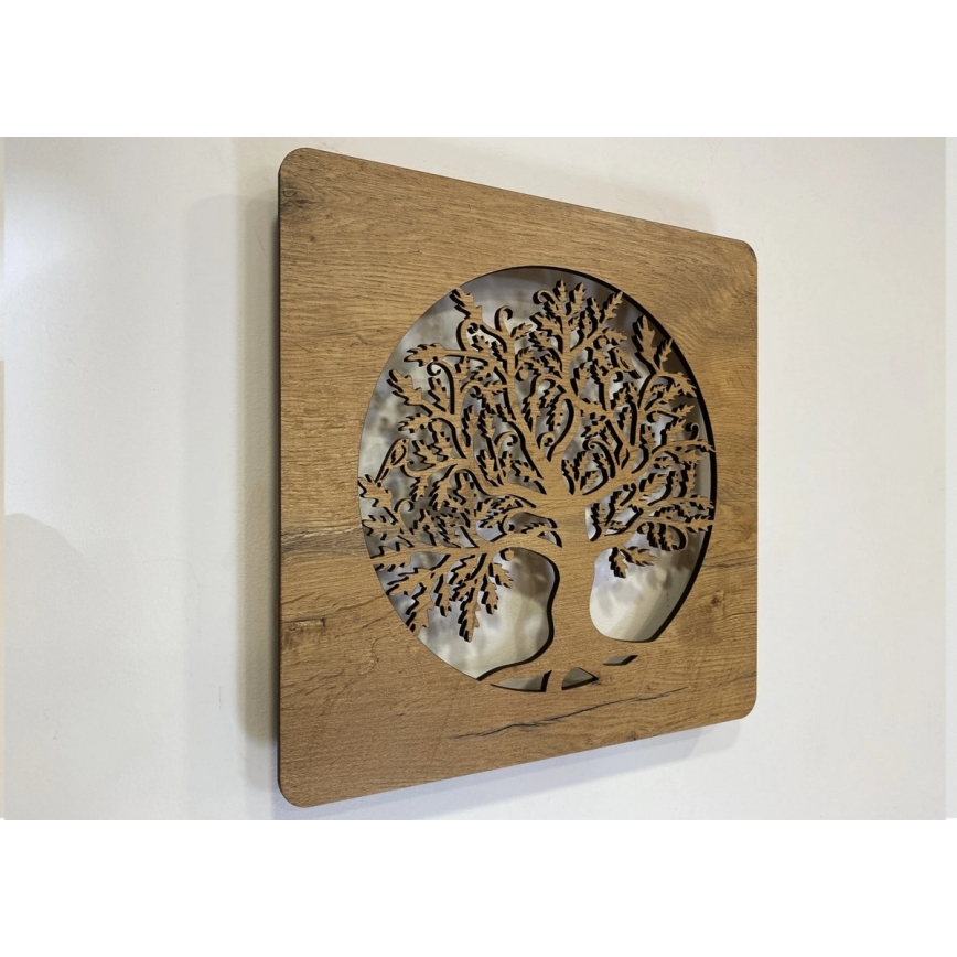 Li-Go 5275/DUB2 - LED Stmívatelná nástěnná dekorace LED/10W/5V 20000 mAh 42x42 cm dub/Dub v kruhu + dálkové ovládání