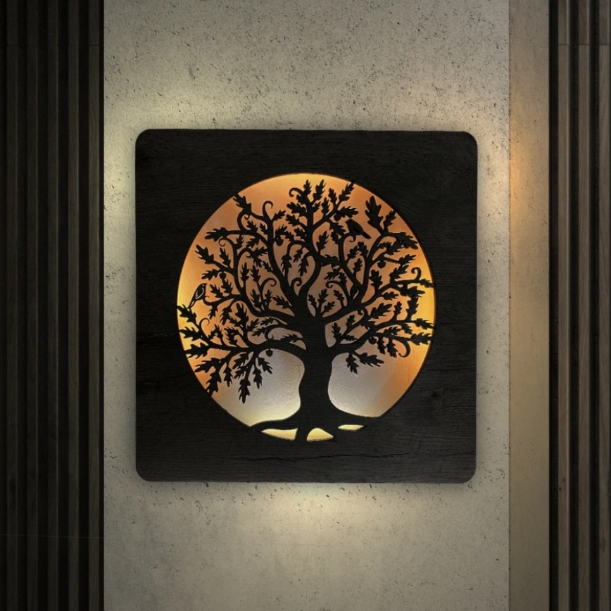 Li-Go 5275/DUB2 - LED Stmívatelná nástěnná dekorace LED/10W/5V 20000 mAh 42x42 cm dub/Dub v kruhu + dálkové ovládání