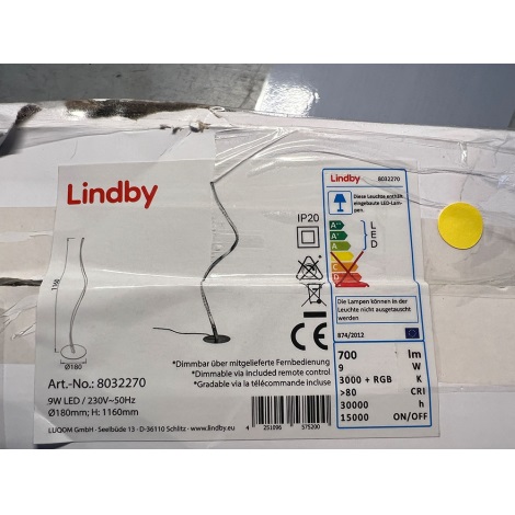 Lindby - LED RGB Stmívatelná stojací lampa CRIOSTAL LED/9W/230V + dálkové ovládání