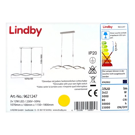 Lindby - LED Stmívatelný lustr na lanku AURON 2xLED/12W/230V