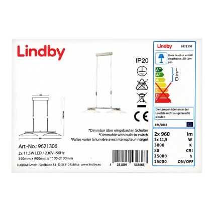 Lindby - LED Stmívatelný lustr na lanku JUDIE 2xLED/11,5W/230V