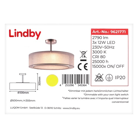 Lindby - LED Stmívatelný lustr na tyči PIKKA 3xLED/12W/230V