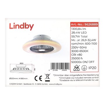 Lindby - LED Stmívatelný stropní ventilátor YUNUS LED/28,4W/230V + dálkové ovládání