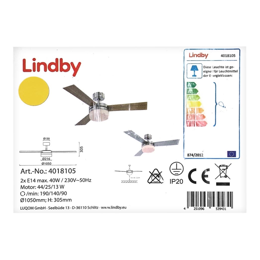 Lindby - Stropní ventilátor ALVIN 2xE14/40W/230V + dálkové ovládání