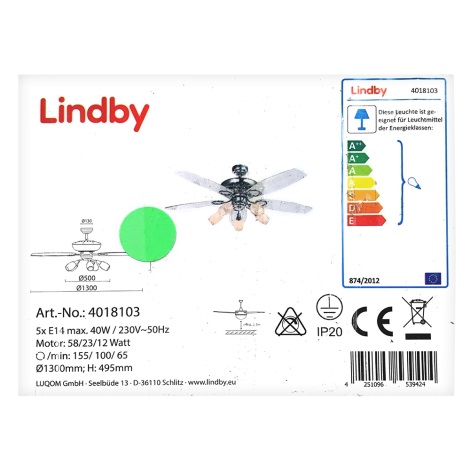 Lindby - Stropní ventilátor se světlem CEDRIK 5xE14/40W/230V