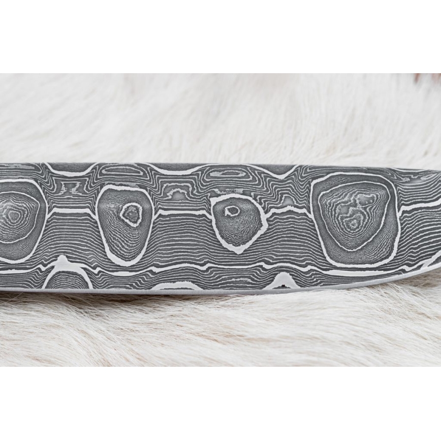 Lovecký damaškový nůž 13,8 cm bříza/velbloudí kost