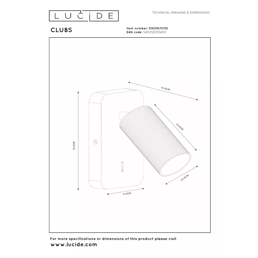 Lucide 09239/11/30 - Nástěnné bodové svítidlo CLUBS 1xGU10/40W/230V černá