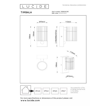 Lucide 11839/01/30 - Venkovní nástěnné svítidlo se senzorem TIMBALA 1xGU10/7W/230V IP44