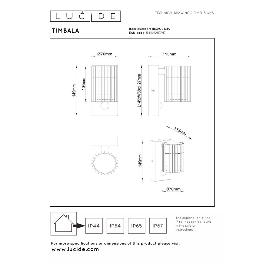 Lucide 11839/01/30 - Venkovní nástěnné svítidlo se senzorem TIMBALA 1xGU10/7W/230V IP44