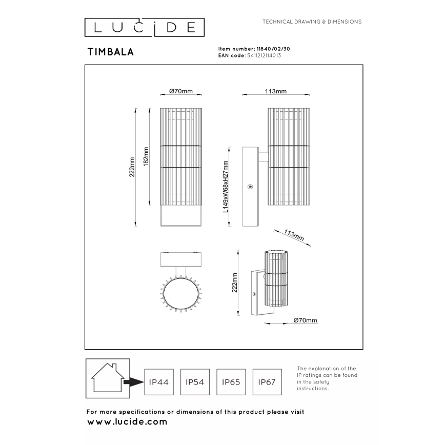 Lucide 11840/02/30 - Venkovní nástěnné svítidlo TIMBALA 2xGU10/7W/230V IP44