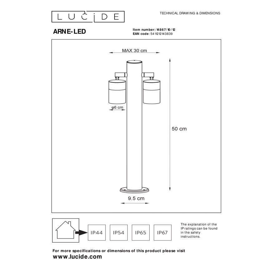Lucide 14867/10/12 - LED Venkovní lampa ARNE-LED 2xGU10/5W/230V matný chrom IP44