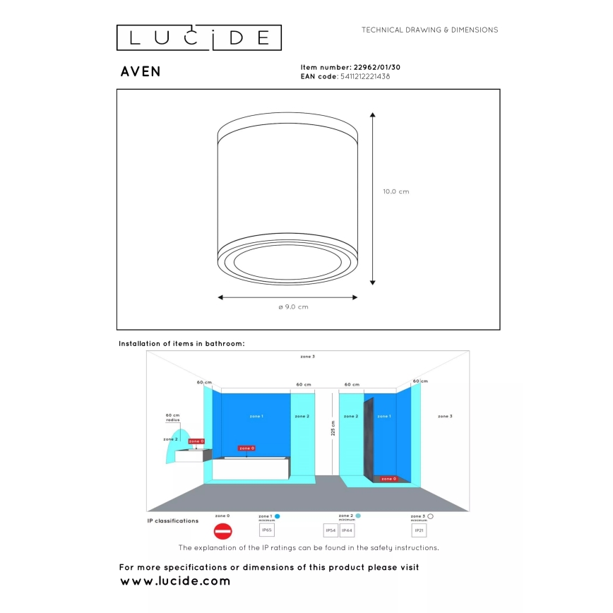 Lucide 22962/01/30 - Koupelnové stropní svítidlo AVEN 1xGU10/50W/230V pr. 9 cm IP65 černá