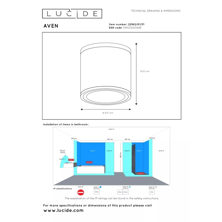 Lucide 22962/01/31 - Koupelnové stropní svítidlo AVEN 1xGU10/50W/230V pr. 9 cm IP65 bílá