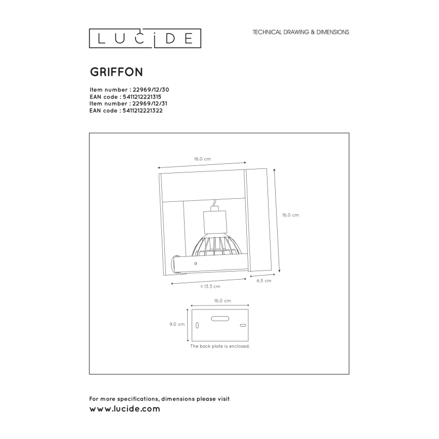 Lucide 22969/12/31 - LED Stmívatelné bodové svítidlo GRIFFON 1xGU10/12W/230V