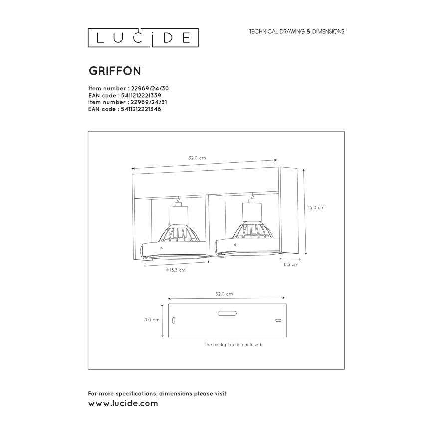 Lucide 22969/24/30 - LED Stmívatelné bodové svítidlo GRIFFON 2xGU10/12W/230V