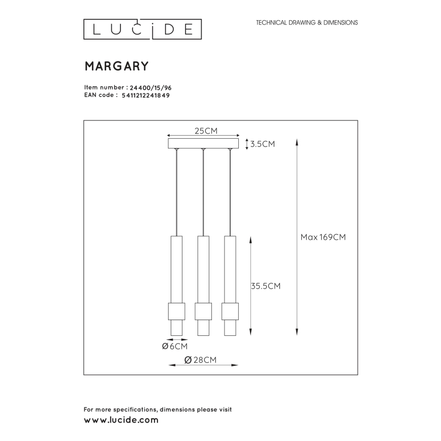 Lucide 24400/15/96 - LED Lustr na lanku MARGARY 3xLED/5W/230V