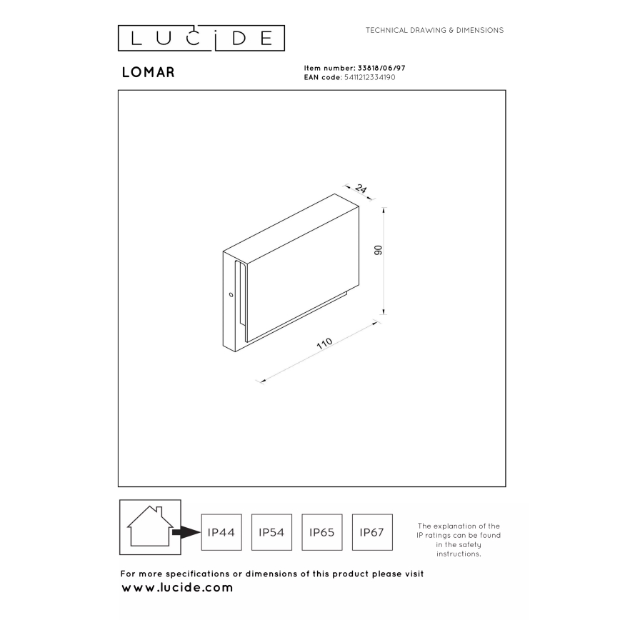 Lucide 33818/06/97 - LED Venkovní nástěnné svítidlo LOMAR LED/6W/230V IP54