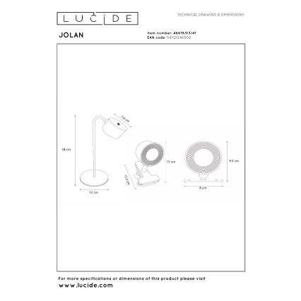 Lucide 46619/03/41 - LED Stmívatelná nabíjecí stolní lampa JOLAN LED/3,5W/5V 1200 mAh