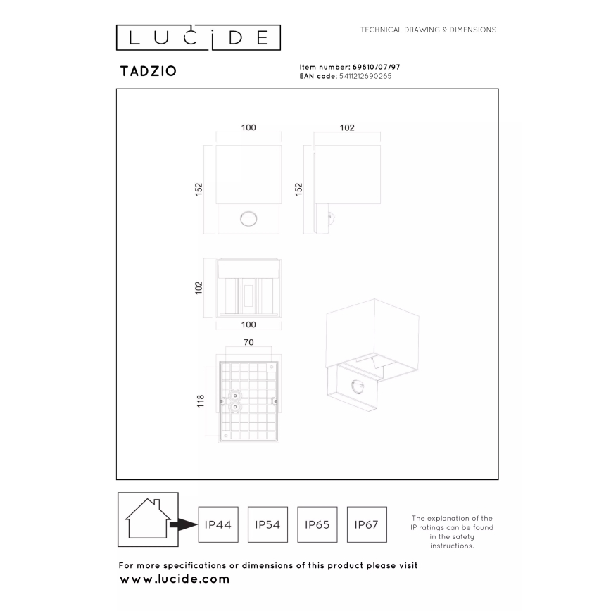 Lucide 69810/07/97 - LED Venkovní nástěnné svítidlo se senzorem pohybu TADZIO LED/7W/230V IP65