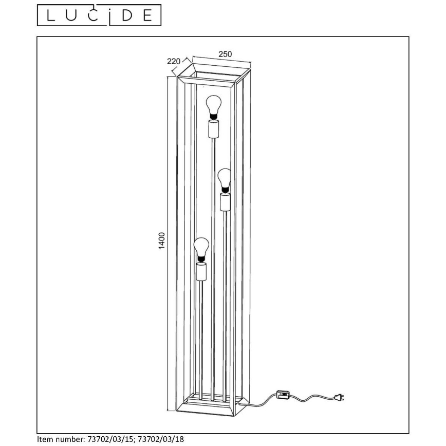 Lucide 73702/03/15 - Stojací lampa THOR 3xE27/60W/230V