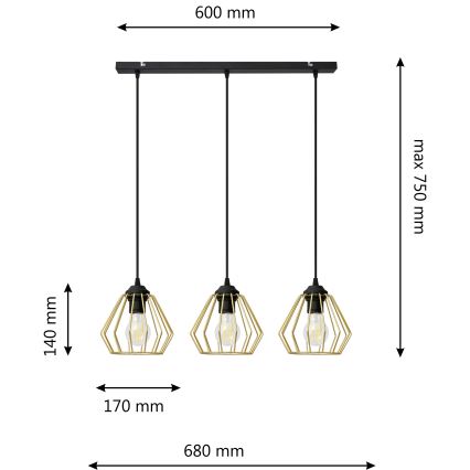 Lustr na lanku AGAT 3xE27/15W/230V zlatá/černá