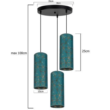 Lustr na lanku AVALO 3xE27/60W/230V pr. 35 cm tyrkysová/zlatá