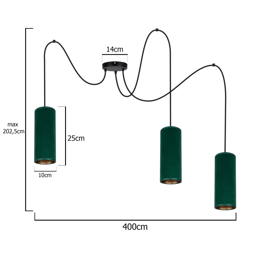 Lustr na lanku AVALO 3xE27/60W/230V zelená/měděná