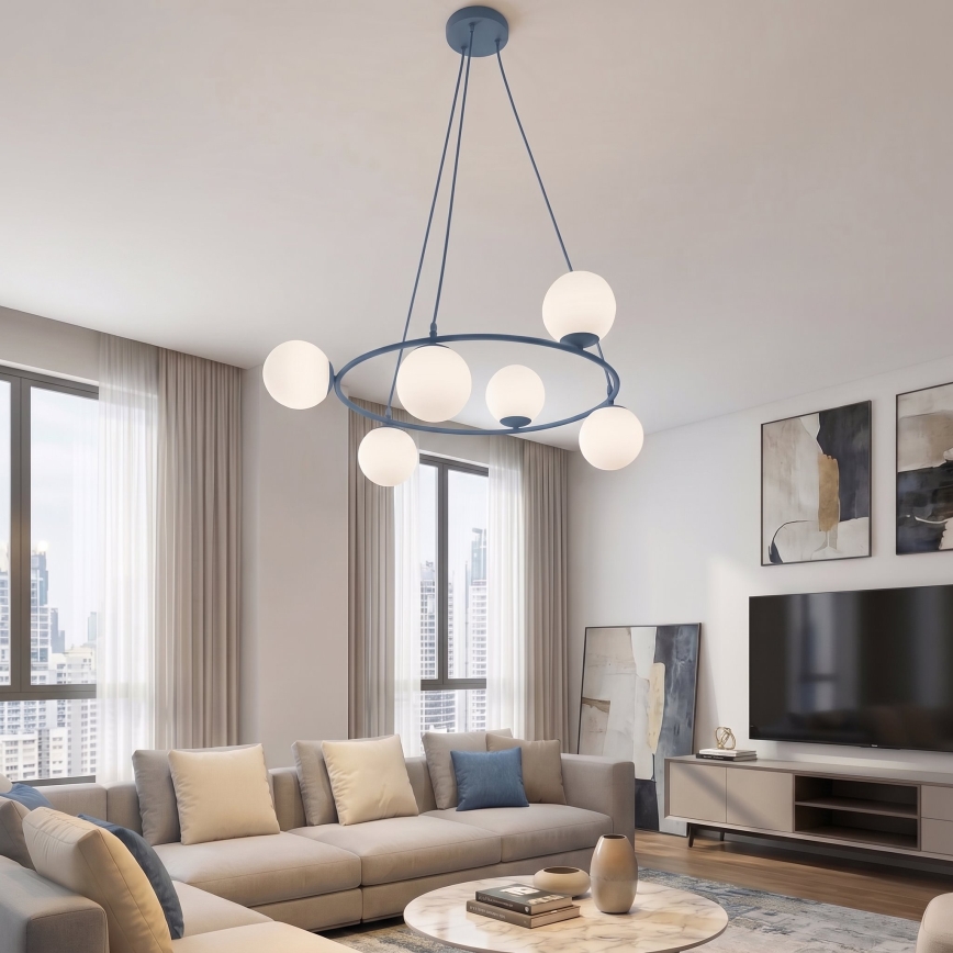 Lustr na lanku AZURA 6xE14/10W/230V modrá/bílá