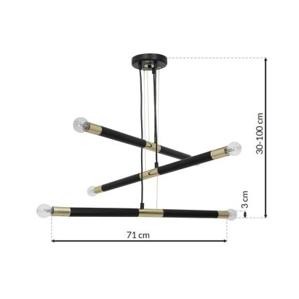 Lustr na lanku BASTONE 6xE14/40W/230V černá/zlatá