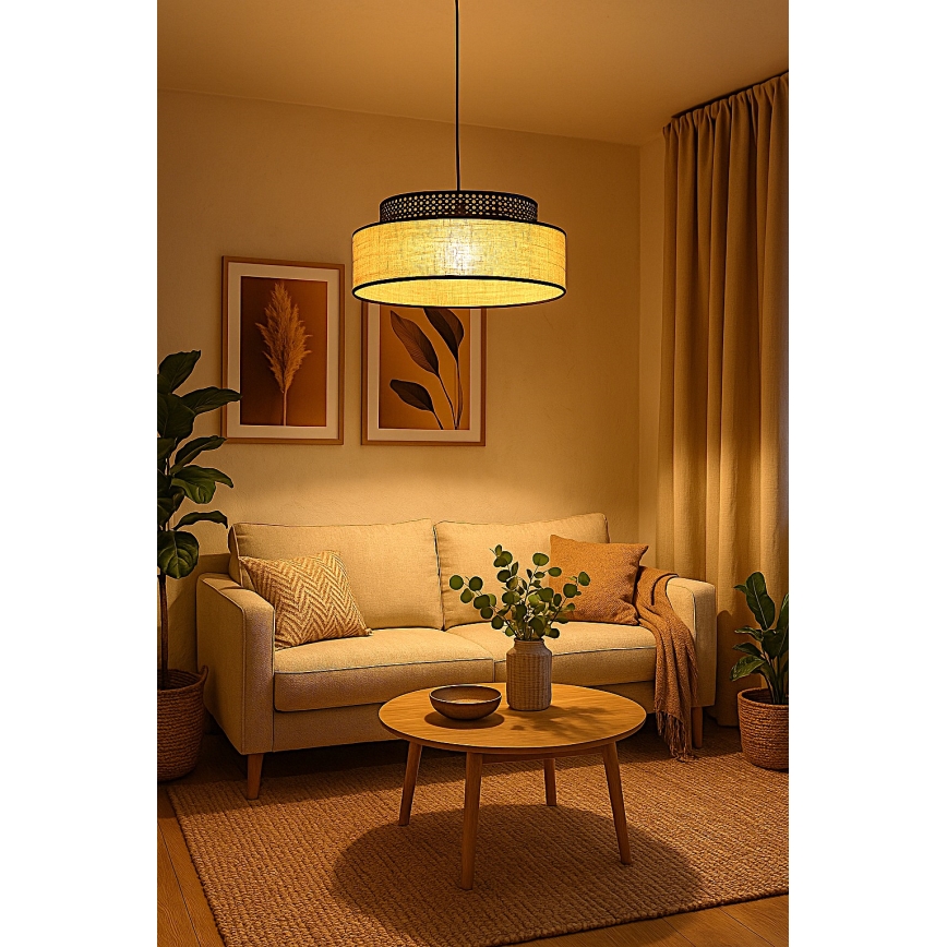Lustr na lanku BOHO 1xE27/60W/230V pr. 40 cm černá/ratan