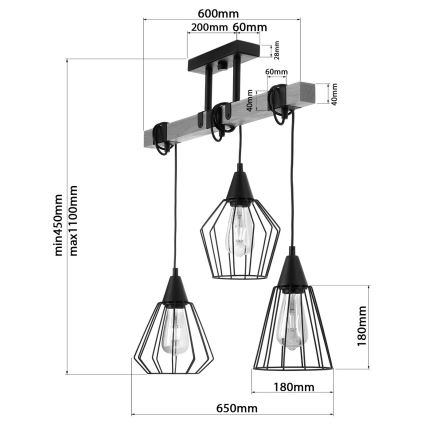 Lustr na lanku CAMEROON 3xE27/60W/230V černá/dřevo