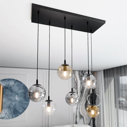 Lustr na lanku COSMO 6xE14/10W/230V černá/šedá/béžová/čirá