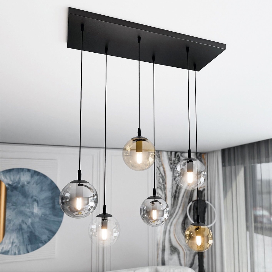 Lustr na lanku COSMO 6xE14/10W/230V černá/šedá/béžová/čirá