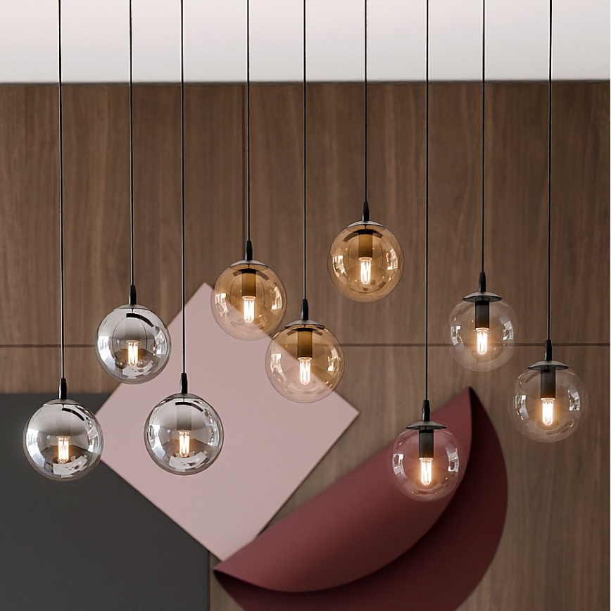 Lustr na lanku COSMO 9xE14/10W/230V černá/šedá/béžová/čirá