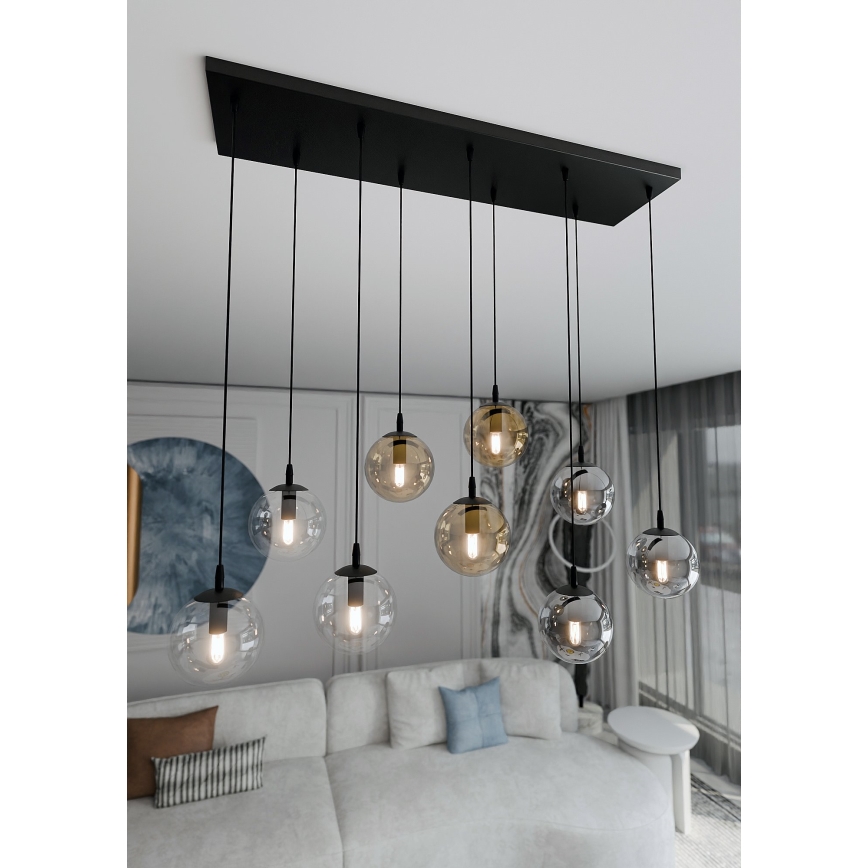 Lustr na lanku COSMO 9xE14/10W/230V černá/šedá/béžová/čirá