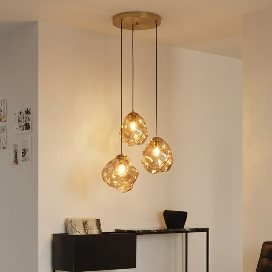 Lustr na lanku CRISTAL 3xE14/15W/230V mosaz/kouřová béžová